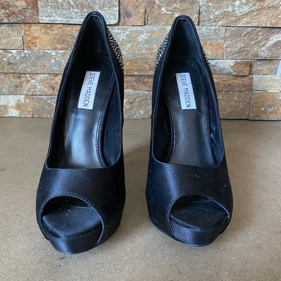 Steve Madden Black Peeptoe Playy-R Rhinestone Beaded Stiletto Heels - Picture 4 of 7
